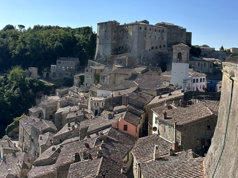 Panoramic view of Sorano medieval village and fortress in Southern Tuscany