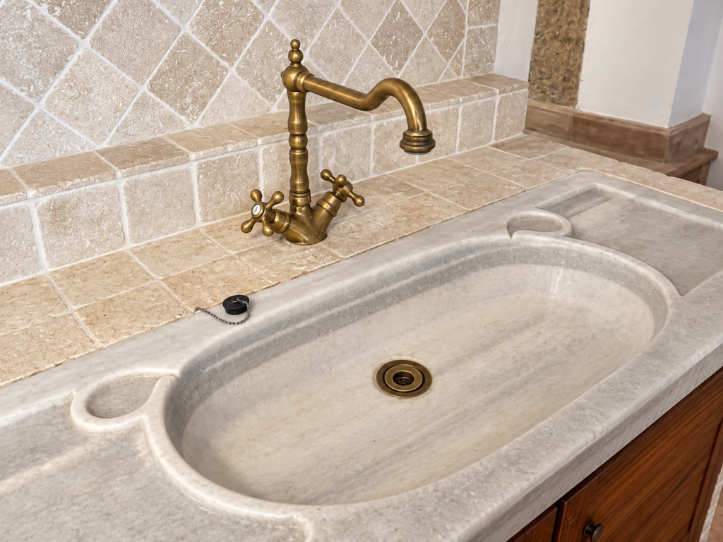 Stone sink with traditional brass tap at Vicolo di Sorano holiday home in Tuscany
