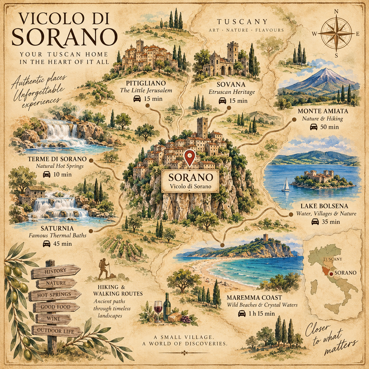 Illustrated map of Sorano and places to visit around Vicolo di Sorano